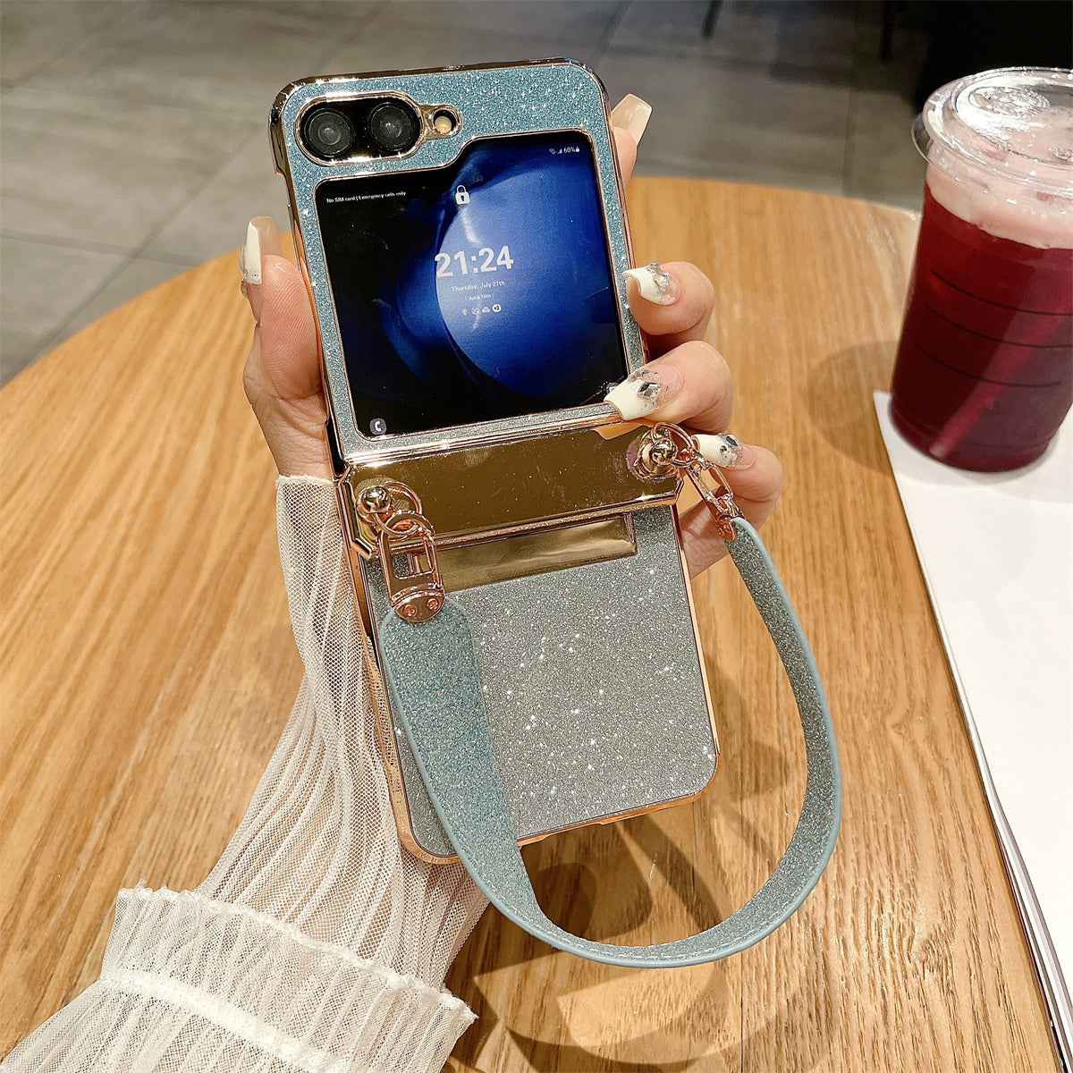 For Samsung Galaxy Z Flip5 5G / Z Flip6 5G Case Hinge Protection Hard PC Glitter Phone Cover with Wrist Strap - Blue For Samsung Galaxy Z Flip5 5G / Z Flip6 5G Case Hinge Protection Hard PC Glitter Phone Cover with Wrist Strap - Blue